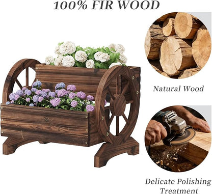 Kitsanery Wooden Planter Box,Planters for Outdoor Plants, Flower Cart for Patio Garden Balcony, Backyard Decor Garden Planters with Wheels for Flowers,Vegetables (Carbonised Colour (Dark Brown))