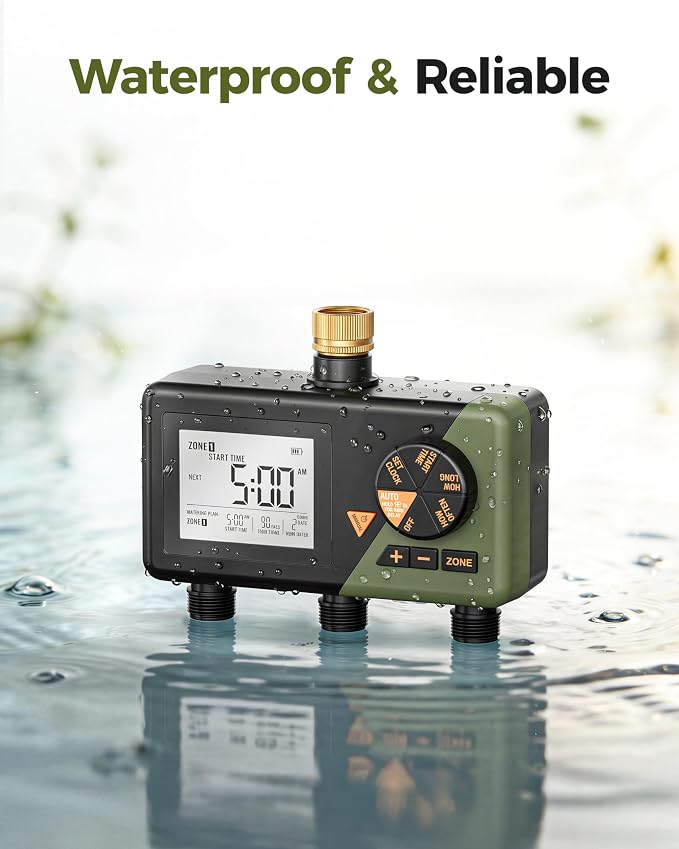 Diivoo Brass 3 Zone Sprinkler Timer, Programmable Hose Timers for Watering | Large Display, Rain Delay & Manual Mode, for Outdoor Automatic Irrigation of Garden, Lawn, Yard