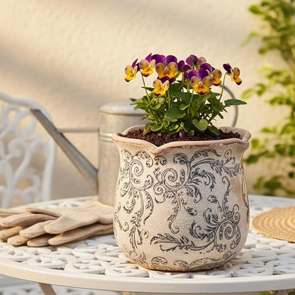 Xiaan Jiaju Ceramic Pots for Plants, Vintage Plant Pot with Drainage Hole, 6.11in. Planter for Indoor Plants, Crackle Glaze Finish Flower Pot, Perfect Tuscan Ceramic Planter for Gardening, Gray Swirls