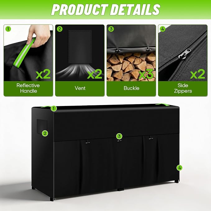 8ft Firewood Rack Cover, 600D Outdoor Waterpoof Log Rack Cover | Front Roll-up Openings, Reflective Handles, Retaining Clips, Air vents, Firewood Rack Cover ( Cover Only) , 95x25x45"
