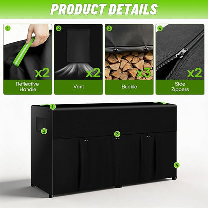 8ft Firewood Rack Cover, 600D Outdoor Waterpoof Log Rack Cover | Front Roll-up Openings, Reflective Handles, Retaining Clips, Air vents, Firewood Rack Cover ( Cover Only) , 95x25x45"