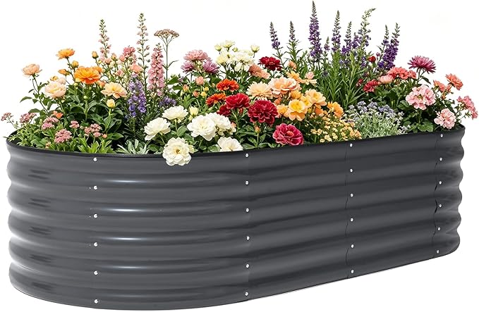 6x3x1.5ft Galvanized Raised Garden Bed Outdoor, 18'' Oval Large Metal Planter Garden Boxes for Gardening, Planting Deep Root Vegetables, Herbs, Fruits, Flower, Rustproof, Rubber Strip, Gray