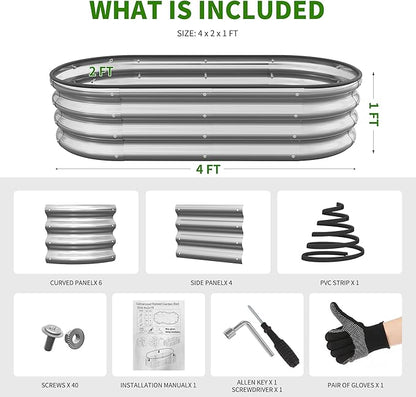Metal Raised Garden Bed Kit, 4×2×1ft Outdoor Planter Boxes with Easy Assembly, Oval Large Galvanized Gardening Raised Bed for Vegetables, Fruits, Flower Silver
