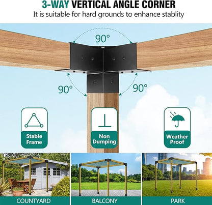 Pergola Brackets, 4 Pack Woodworks Pergola Kit 3-Way Right Angle Corner Bracket with Pergola Post Base for 4x4'' (Actual: 3.5x3.5'') Wood Beams Elevated Wood Stand Kit Pergola/Gazebo Kit
