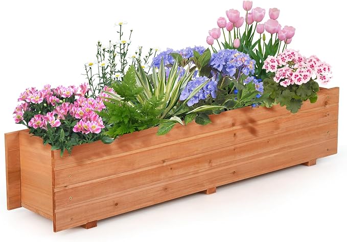 Raised Garden Bed, 44” x 11” x 10” Wooden Flower Bed with 2 Drainage Holes & Removable Bottom, Long Narrow Decorative Garden Bed, Planter Box Outdoor for Vegetables Flowers Fruits Herbs