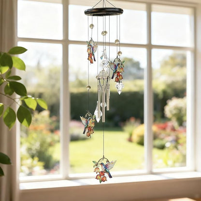 YU FENG Hummingbird Wind Chime, Orange Flower Memorial Suncatcher | 27 Inch Metal Wind Chime, Colorful Flower Design, Sympathy Gift For Women Mom Grandma, Outdoor Garden Decoration