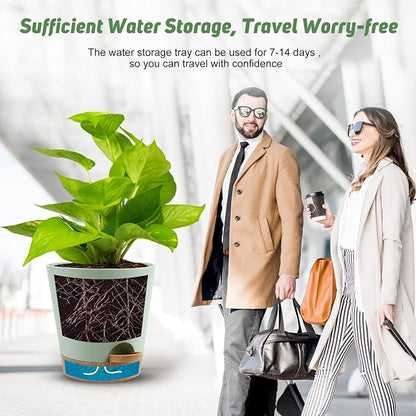 YNNICO Indoor Self Watering Planters with Drainage Holes and Saucers, 8, 7, 6.5, 6, 5.5, 5 Inches, Green, 6 Pots.