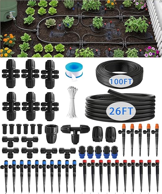 1/2" Drip Irrigation System Kit with 30 Adjustable Nozzles, PE UV-Resistant | Quick-connect, 2X Lifespan of PVC , Leak-Proof for Indoor Pots, 26FT 1/2" Main tube+ 100FT 1/4" Tube, 4 Nozzle Types
