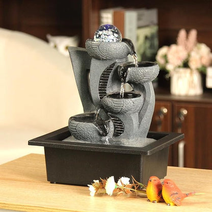 Indoor Tabletop Waterfall Fountain with Spining Orb for Home Office Desk, Gray Rock Resin Zen Water Feature with Soothing Sound for Relaxation & Meditation