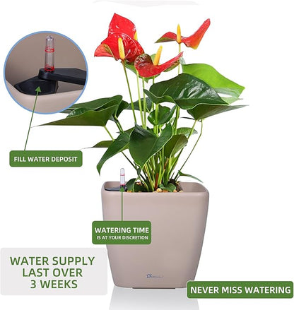 Dexceder 11x10 Self Watering Planter (Taupe Matte) | Inner Mat Design, Thickened Table Flower Plant Pot with Water Level Indicator Indoor Outdoor