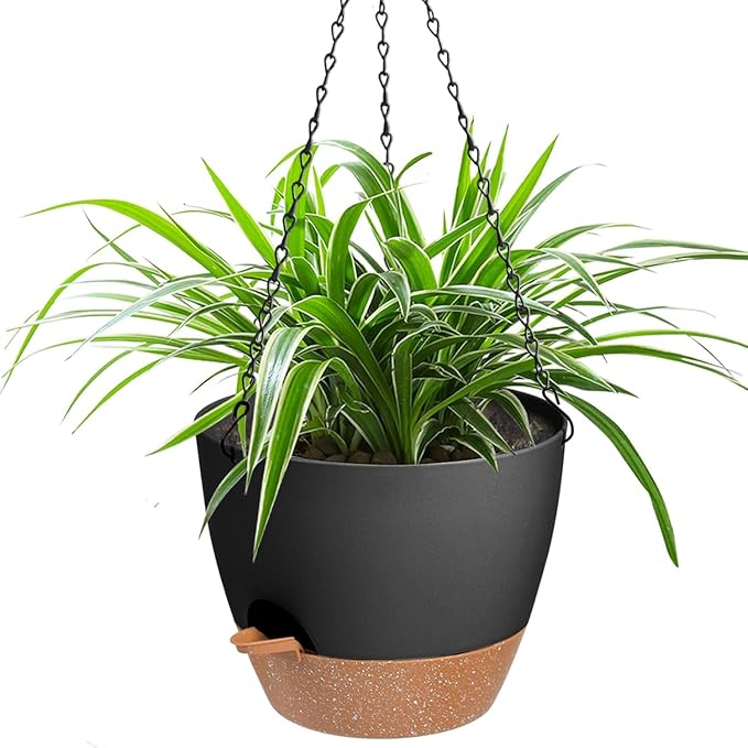 Vanslogreen Hanging Planters for Indoor Outdoor Plants, 1 Set Self Watering Hanging Pot with Drainage Holes & Removable Tray, Black, 12 Inch