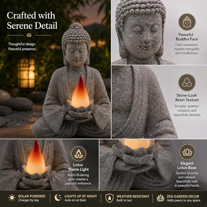 olar Garden Buddha Statue with Lotus Flame Light, Zen Resin Outdoor Decorations for Patio Yard Lawn Porch, Meditation Garden Decor Gifts for Housewarming Mom Women