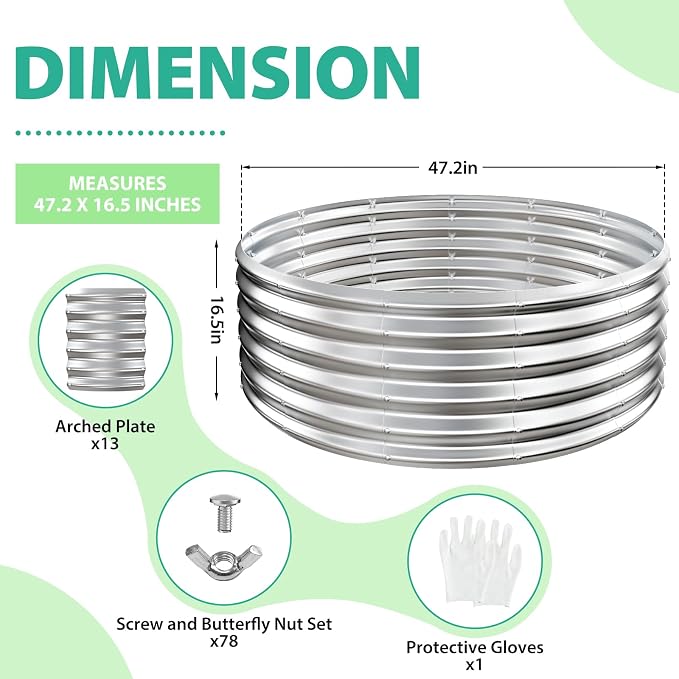 YSEJOMP 17" Tall 48" Diameter Round Raised Garden Bed Kits Outdoor Silver | Heavy Duty,Rustproof,Durable & Stylish,1.5 FT Tall,4FT Planter Bed,0.8MM Thick Galvanized Metal,with Gloves,Tool free