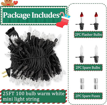 Warm White Christmas Lights Outdoor, 25FT 100 Count Incandescent Mini Christmas Lights Black Wire, Waterproof Fairy Lights, Connectable Xmas String Lights for Christmas Tree, Garland, Wedding Decor