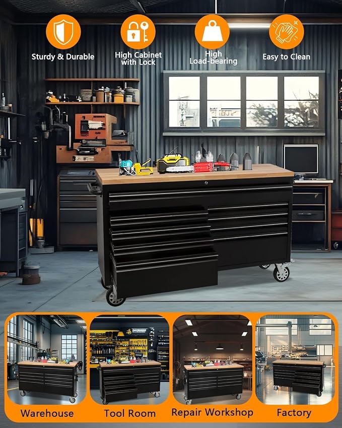 61 Inch Tool Chest, Tool Box Mobile Workbench, 9 Drawers Storage Lockable Rolling Metal Storage Cabinet with 4 Wheels for Garage Workshops Warehouse, Black