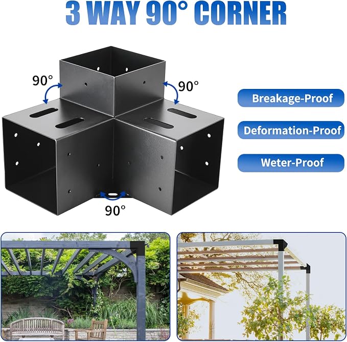 4 Pcs 4"x 4" Pergola Brackets(Actual Fit :3.6"x3.6") Post | 3 Way 90° Right Angle Corner Bracket|DIY Pergola Kit Support Gazebos|Patio Pergolas Log Cabin Outdoor Pergola