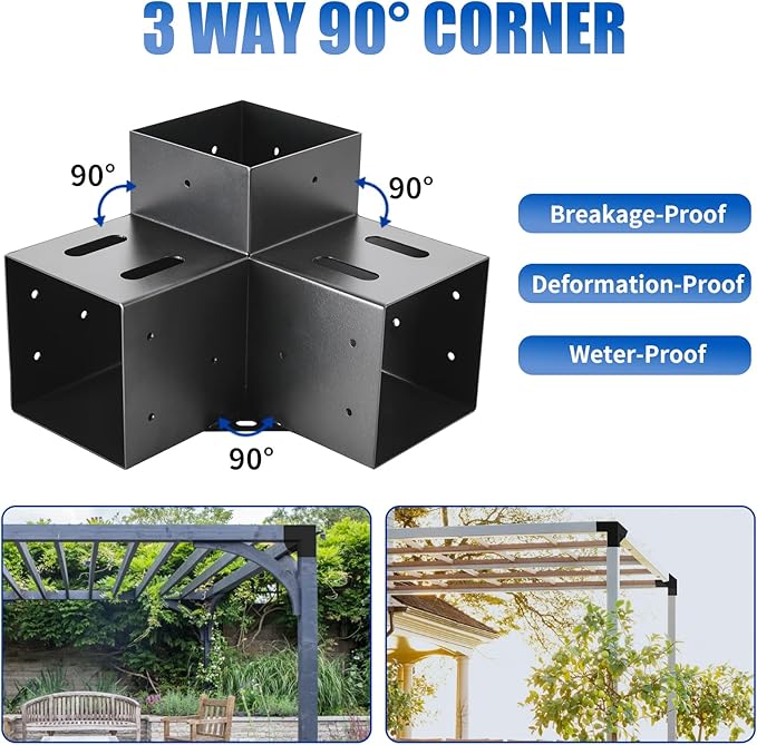 4 Pcs 4"x 4" 3 Way 90 ° Pergola Bracket (Actual: 3.6“x3.6) | 3-Way Right Angle Corner Bracket With Black Powder Coated|Woodwork DIY Pergola Kit For Gazebos, Patio Pergola