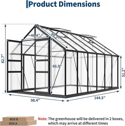8x12 FT Polycarbonate Greenhouse,Large Walk-in SturdyOutdoor Aluminum Frame Greenhouse with Roof Vent, Lockable Push Door,for Garden, Backyard, Patio & Lawn(Black)