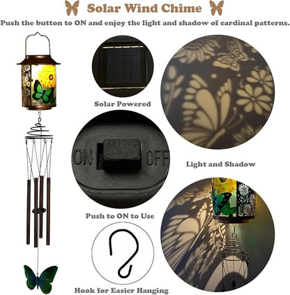 Solar Wind Chimes for Outdoor, Butterfly Garden Decorations Memorial Wind Chimes Deep Tone, Sympathy Windchimes for Outside Garden Décor, Gifts for Mom, Grandma-Butterfly