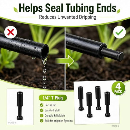 4-Pack 1/4 inch drip Irrigation T Plugs for HEKIWAY Watering Kits; Ideal for Sealing tubing Ends and Quick Repairs.
