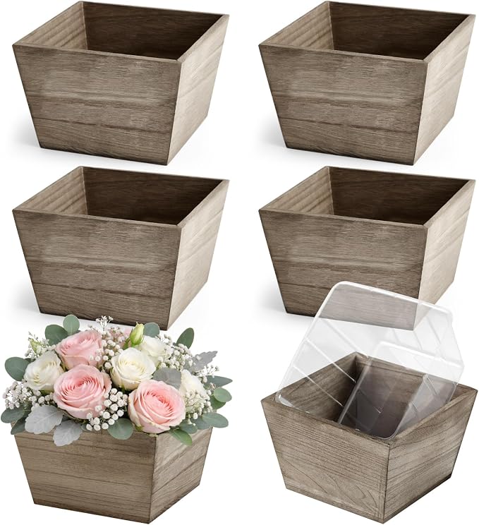 Dandat 6 Set Wooden Centerpiece Box for Wedding Table Decor 6 Inch Rustic Wood Planter Box with Removable Plastic Liner Flower Boxes for Party Wedding Baby Shower Home Garden Decor(Brown)