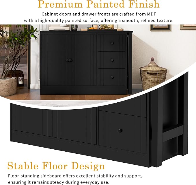 Merax Wood Farmhouse Buffet Sideboard with with Extendable Table, Multifunctional Coffee Bar Cabinet with 2 Doors and 3 Drawers for Living Room Bedroom Kitchen Black