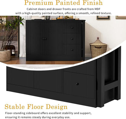 Merax Wood Farmhouse Buffet Sideboard with with Extendable Table, Multifunctional Coffee Bar Cabinet with 2 Doors and 3 Drawers for Living Room Bedroom Kitchen Black