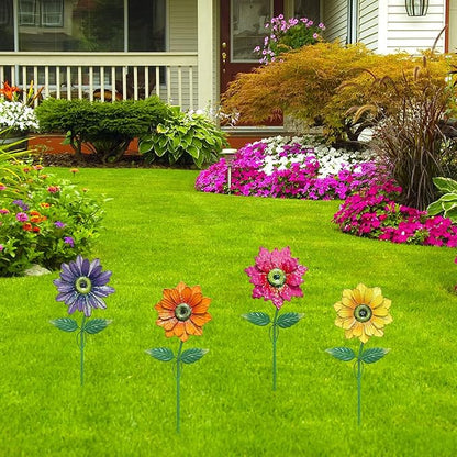 YEAHOME Garden Decor for Outside, 4 Pack 20'' Flower Garden Stakes for Spring Decor, Metal Flowers with Shaking Head Yard Art for Outdoor Lawn Patio Pathway Decorations