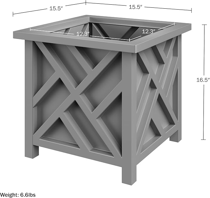 Lattice Design Outdoor Planter Box - 15.5” Square 16.5” Tall Gray Plant Pot - Decorative Plant Pots for Front Porch Decor - Flower Pots Outdoor Planters for Porch Patio or Garden Decor by Pure Garden