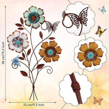 Moxweyeni Tricolor Flower Wall Decor Vintage Metal Wall Art Decor Rustic Hanging Flowers Decorative Metal Floral Art for Home Living Room Bathroom Indoor Outdoor, 15 x 9.1 Inch(2 Pieces)