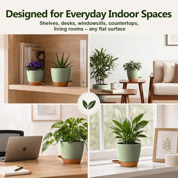 Plant Pots for Indoor 9/8/7/6.5/6/5 Inch, Self Watering Planter Pots with Drainage Holes and Saucers, 6Pcs Plastic Flower Pots for Indoor & Outdoor Plants（Green）