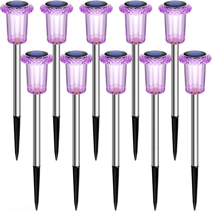 DenicMic Solar Halloween Lights Outdoor 10 Pack Purple LED Halloween Decor | Yard Garden Pathway Walkway Patio Lawn, Spike Style Starburst Pattern, Acrylic/Stainless Steel Halloween Decorations Outdoor
