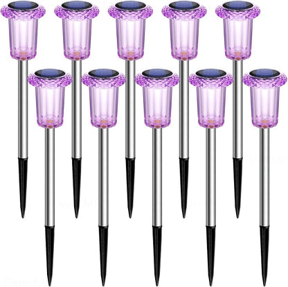 DenicMic Solar Halloween Lights Outdoor 10 Pack Purple LED Halloween Decor | Yard Garden Pathway Walkway Patio Lawn, Spike Style Starburst Pattern, Acrylic/Stainless Steel Halloween Decorations Outdoor