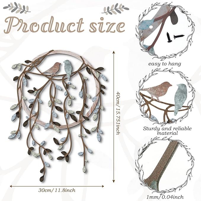 Ferraycle Metal Wall Art Bird on Tree Branch Silhouette with Drooping Vines Bird Art Decor Rustic Metal Spring Decor for Living Room Outdoor Garden Porch Wall Housewarming Party Gift(Dark Color)