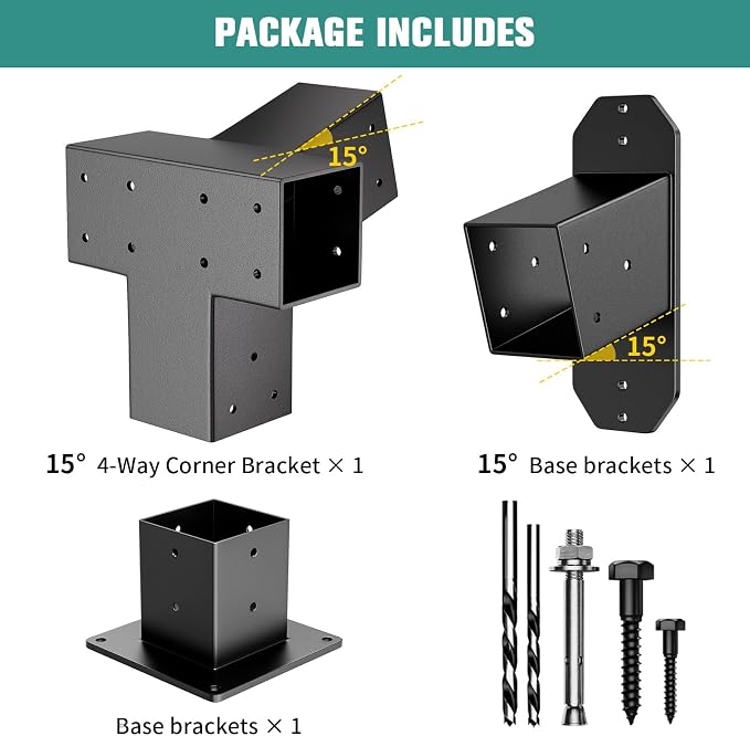 15° Wall Pergola Kits - Stainless Steel 15 Degrees Wall Mounts for 4x4 Posts(Actual 3.5" X 3.5"), Angled Pergola Construction Bracket Kit(a 4-Way,1 wall-Bracket,1 Post-Base)