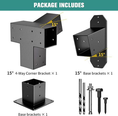 15° Wall Pergola Kits - Stainless Steel 15 Degrees Wall Mounts for 4x4 Posts(Actual 3.5" X 3.5"), Angled Pergola Construction Bracket Kit(a 4-Way,1 wall-Bracket,1 Post-Base)