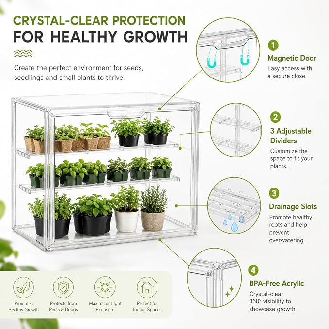 Mini Greenhouse for Indoor, Clear Stackable Green House with Magnetic Door & Adjustable Drainage Dividers, Tabletop Portable Greenhouse for Small Plants Nursery Germination and Display (1 Pack)