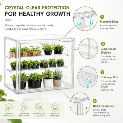 Mini Greenhouse for Indoor, Clear Stackable Green House with Magnetic Door & Adjustable Drainage Dividers, Tabletop Portable Greenhouse for Small Plants Nursery Germination and Display (1 Pack)