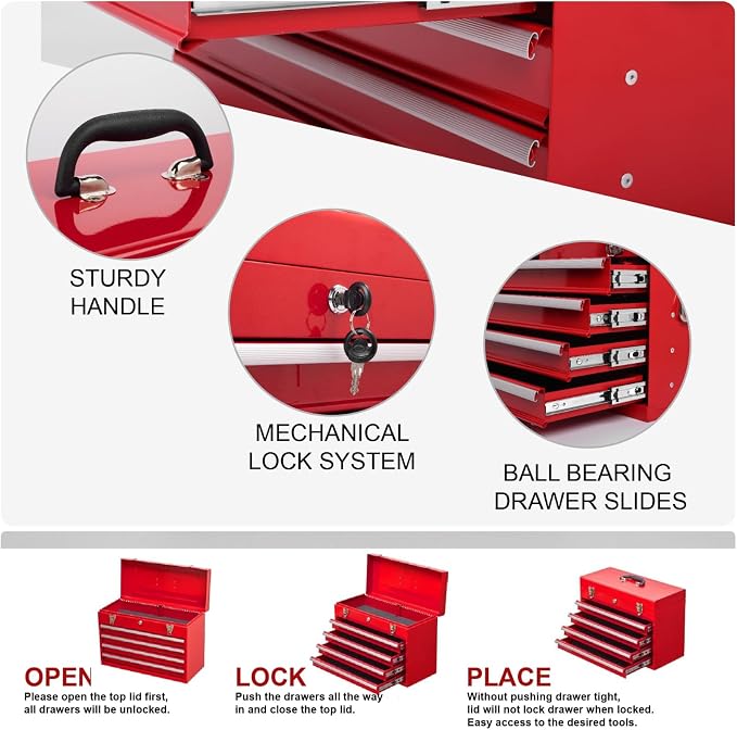 4 Drawers Metal Tool Box, 21'' Portable Metal Tool Box with EVA Liners & Auto-Locking Mechanism, Heavy Duty Steel Tool Chest with Ball-Bearing Drawer Slides & Convenient Top Handle, Red