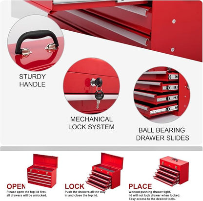 4 Drawers Metal Tool Box, 21'' Portable Metal Tool Box with EVA Liners & Auto-Locking Mechanism, Heavy Duty Steel Tool Chest with Ball-Bearing Drawer Slides & Convenient Top Handle, Red