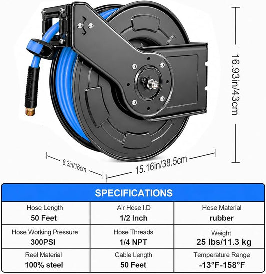 Aain AG40 Retractable Air Hose Reel, 1/2" Inch x 50' Ft Wall Mount Auto Rewind Hose-Reel, Heavy Duty Steel Air Hose Reel, Industrial Grade Rubber Hose, Blue
