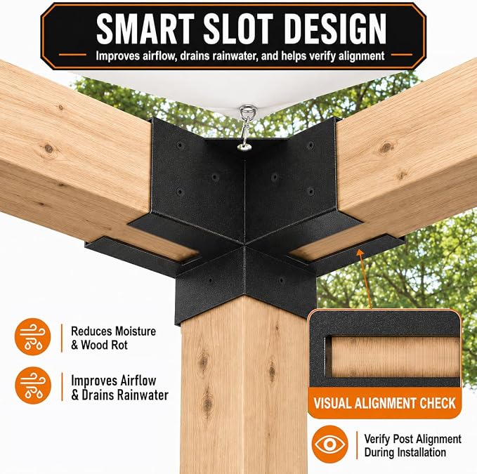 Pergola Brackets, 4x4 3-Way Heavy Duty Pergola Kit, 4pcs Right Angle Corner Bracket, Anti-Resistant Q235 Steel, 3.6"x3.6" Inner Fit for DIY Garden, Patio, Gazebo - Includes Screws (4-Pack).