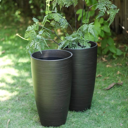 Tall Round Planter 2Pack-11.8"W*21"H Dark Wooden Grain Finish Flower Pots Indoor Decorative Container Garden Patio Outdoor Indoor Plants Unbreakable Resin With Drainage Hole&Movable Insert Shelf