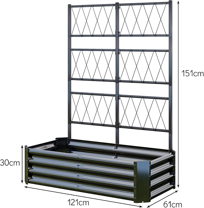 Galvanized Raised Garden Bed with Trellis for Climbing Plants Outdoor,Metal Vertical Garden Planter Box with Trellis,Heavy Duty Elevated Garden Bed for Vegetables Tomatoes Cucumbers Flowers Herb,Black