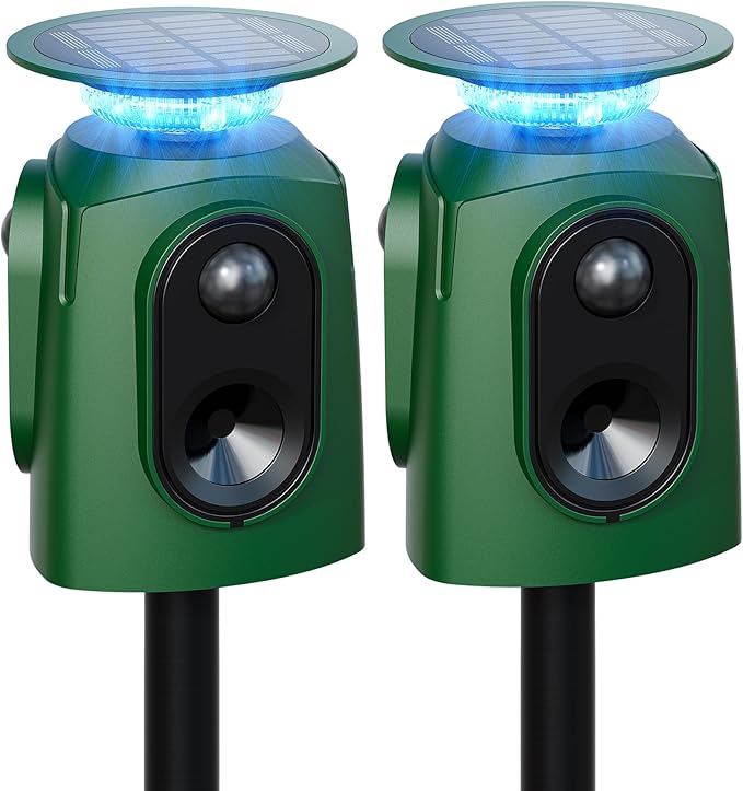2 Pack 360° Solar Deer Repellent Devices, Ultrasonic Animal Repeller with Motion Sensor & LED Lights, Waterproof Cat Repellent Outdoor, Repel Dog, Raccoon & Coyote Out of Garden - USB Rechargeable