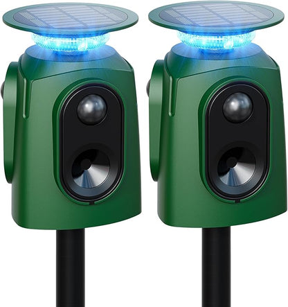 2 Pack 360° Solar Deer Repellent Devices, Ultrasonic Animal Repeller with Motion Sensor & LED Lights, Waterproof Cat Repellent Outdoor, Repel Dog, Raccoon & Coyote Out of Garden - USB Rechargeable