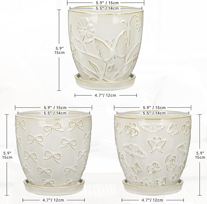 Hollyone Set of 3 White Ceramic Planter 6 Inch Flower Plant Pot with Drainage Hole and Saucer for Plants Embossed Indoor Outdoor Garden Embossed Ceramic Glazed Round Pot for Succulent Orchid
