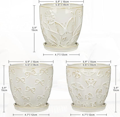 Hollyone Set of 3 White Ceramic Planter 6 Inch Flower Plant Pot with Drainage Hole and Saucer for Plants Embossed Indoor Outdoor Garden Embossed Ceramic Glazed Round Pot for Succulent Orchid