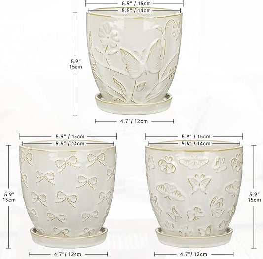 Hollyone Set of 3 White Ceramic Planter 6 Inch Flower Plant Pot with Drainage Hole and Saucer for Plants Embossed Indoor Outdoor Garden Embossed Ceramic Glazed Round Pot for Succulent Orchid