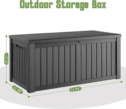 Outdoor Storage Box, 150 Gallon Deck Box with Lockable Lid, Waterproof Resin Storage Bin for Cushions, Garden Tools, Patio Furniture, Black